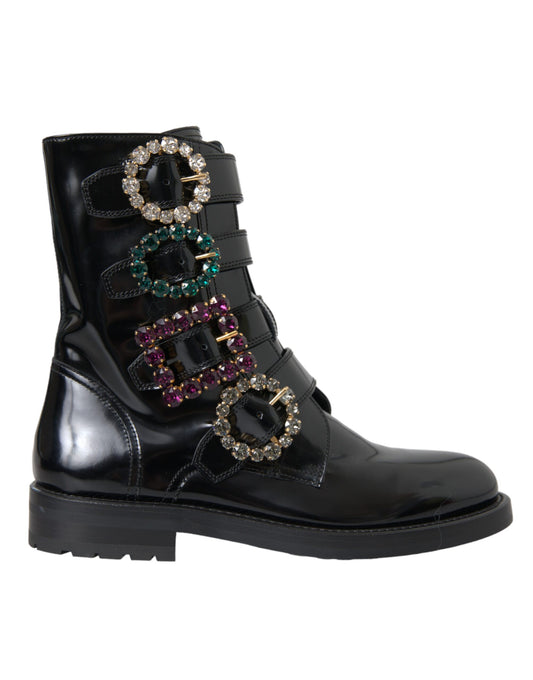 Dolce &amp; Gabbana Bottines en cuir noir à boucles en cristal