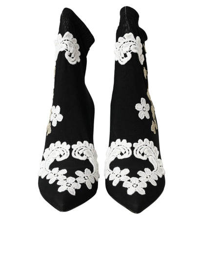Bottines à enfiler Dolce &amp; Gabbana noires et blanches brodées