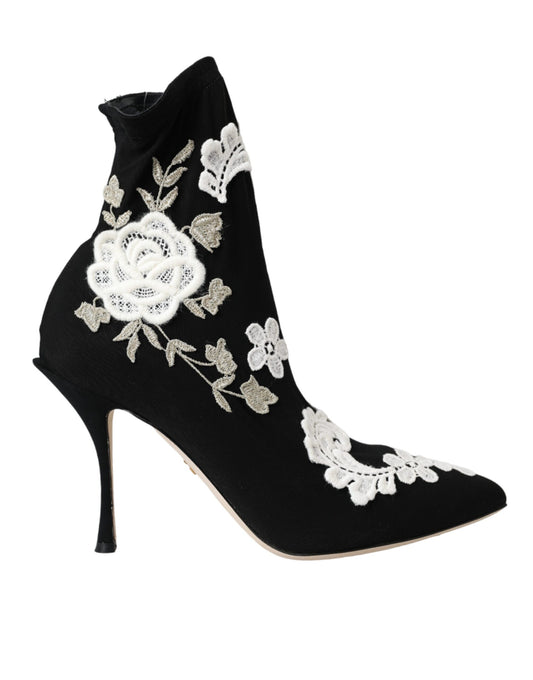 Bottines à enfiler Dolce &amp; Gabbana noires et blanches brodées
