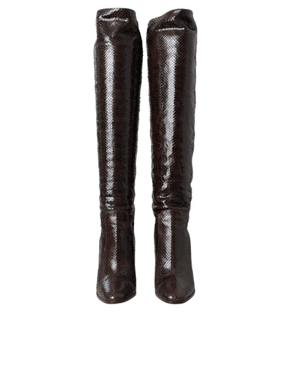 Bottes hautes à talons en cuir exotique marron Dolce &amp; Gabbana