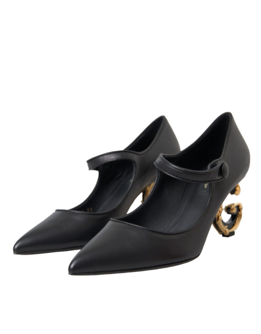 Dolce &amp; Gabbana Black Leather Logo Heels Mary Janes Pumps Shoes