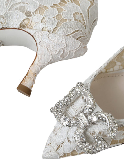 Dolce &amp; Gabbana White Floral Lace DG Crystal Pumps Shoes