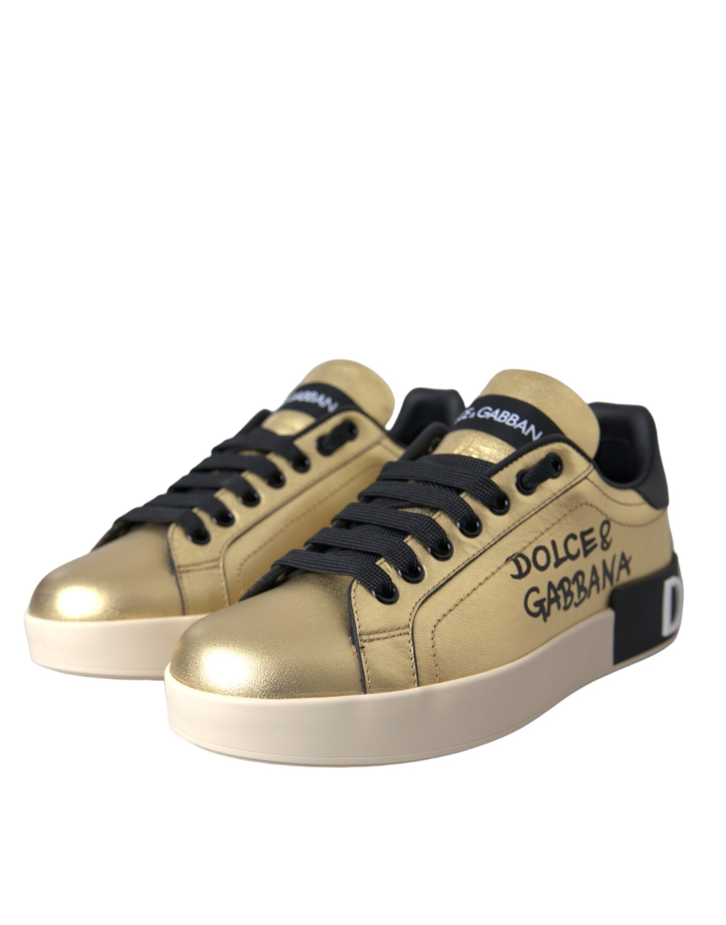 Dolce & Gabbana Gold Portofino Calf Leather Sneakers Women Shoes by Dolce & Gabbana
