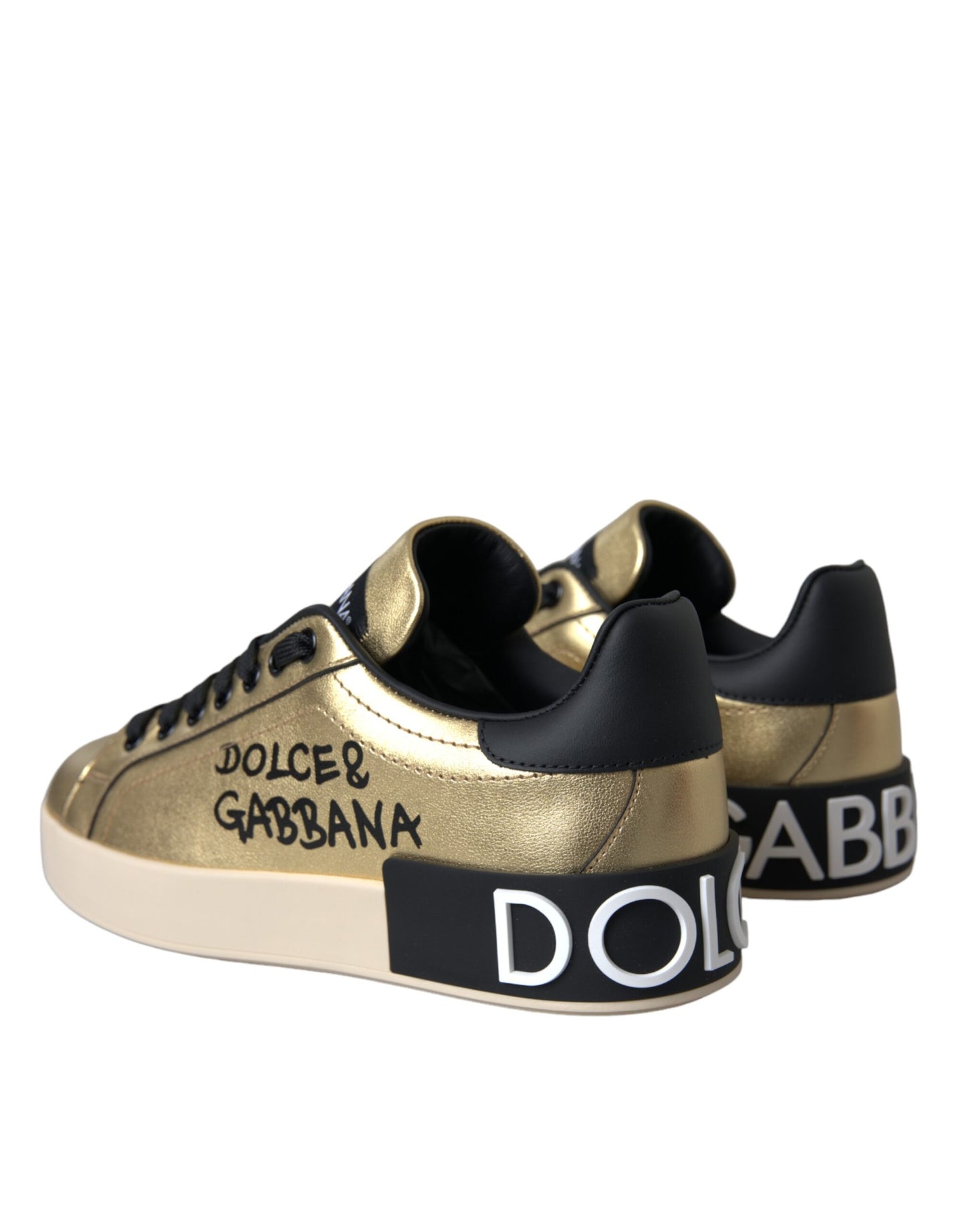 Dolce & Gabbana Gold Portofino Calf Leather Sneakers Women Shoes by Dolce & Gabbana