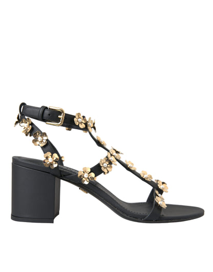 Sandales à talons ornées en cuir noir Dolce &amp; Gabbana
