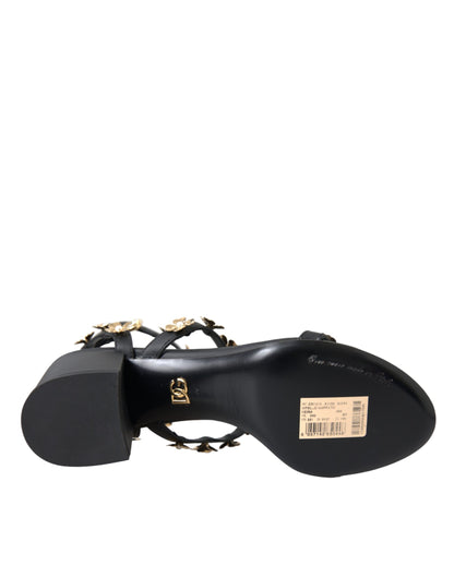 Sandales à talons ornées en cuir noir Dolce &amp; Gabbana