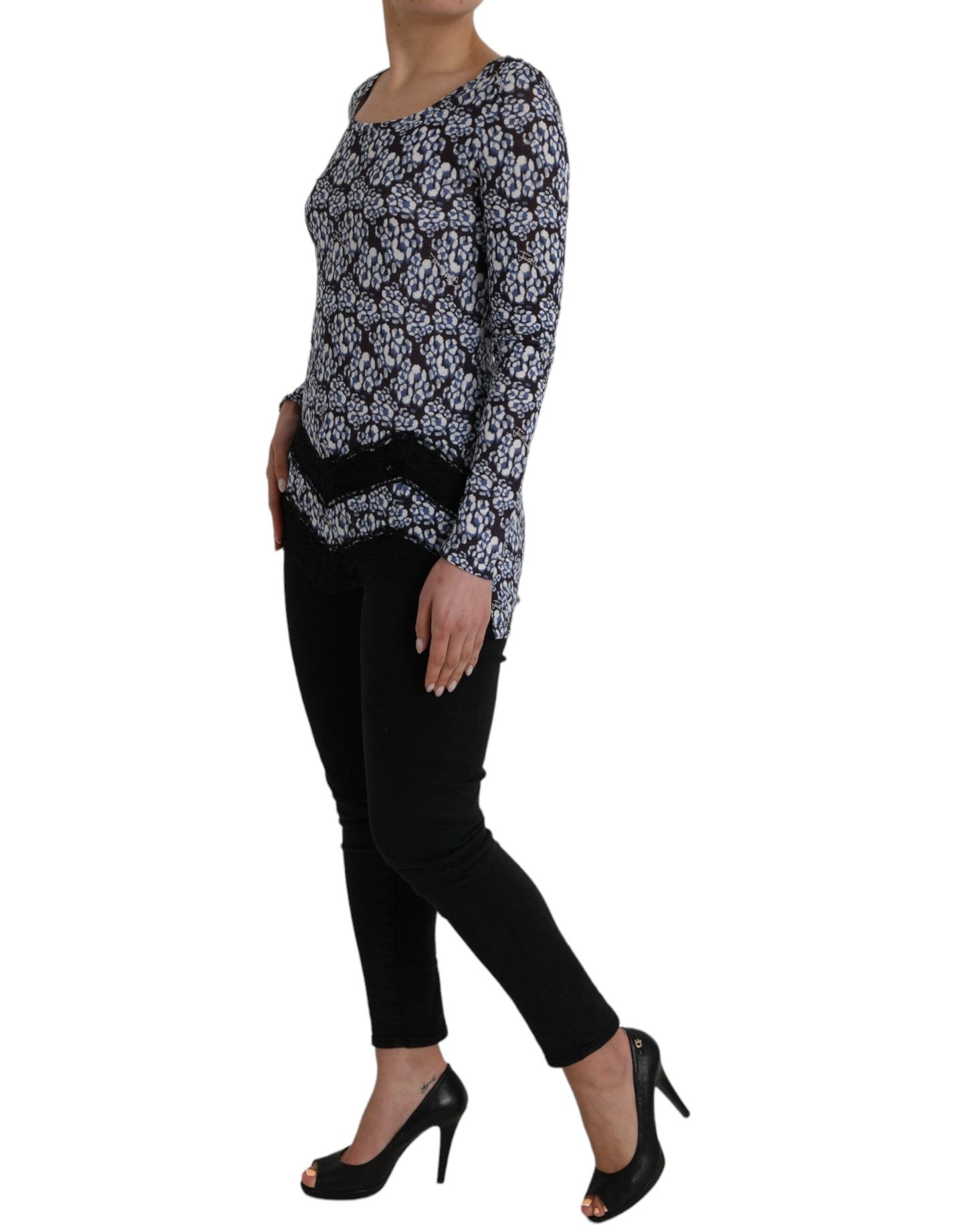 Just Cavalli Blue Floral Lace Long Sleeves Top Underwear Blouse by Just Cavalli