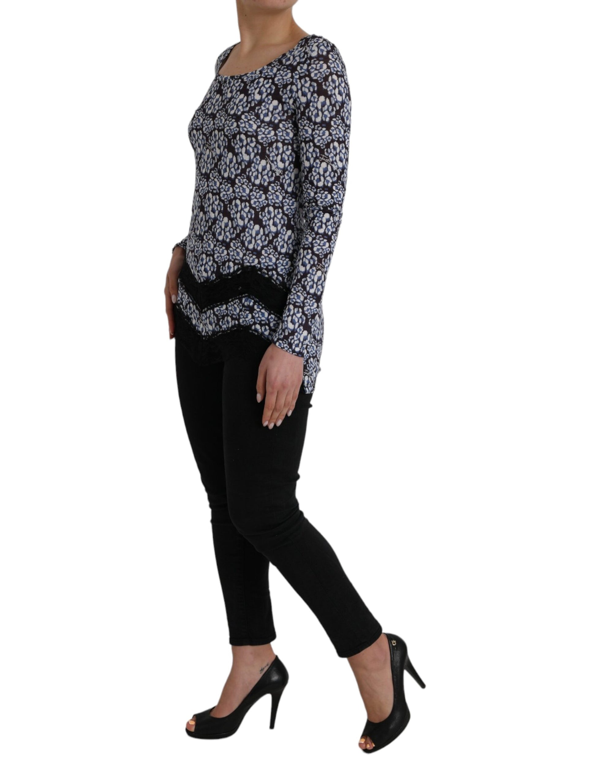 Just Cavalli Blue Floral Lace Long Sleeves Top Underwear Blouse by Just Cavalli