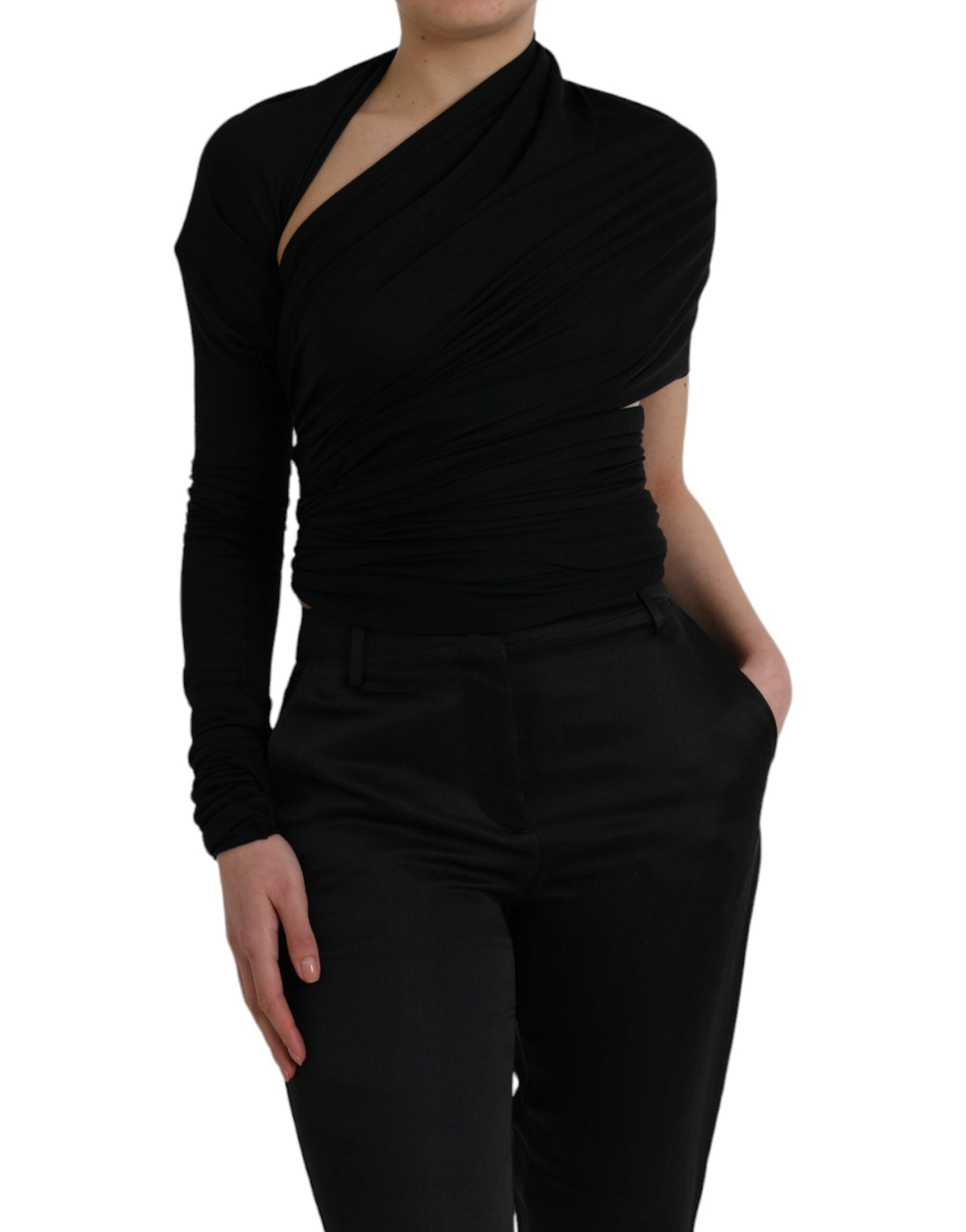 Dolce & Gabbana Black Wool Cutout Asymmetric Long Sleeve Top by Dolce & Gabbana