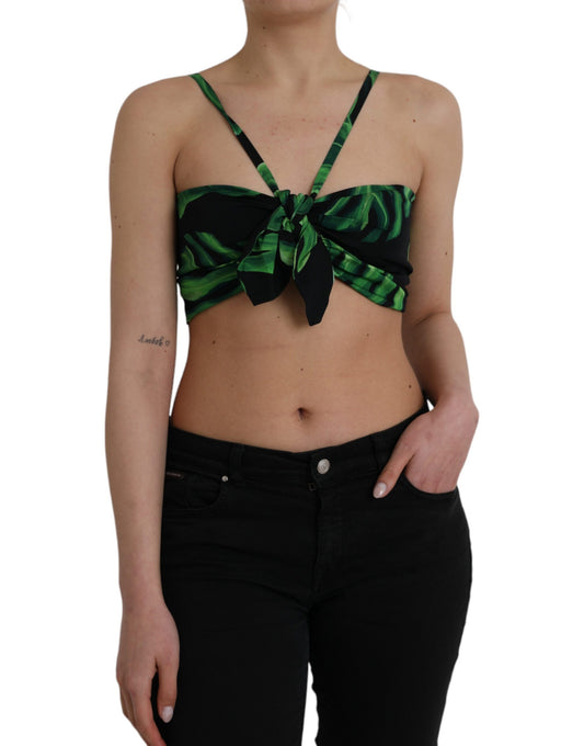 Dolce & Gabbana Black Green Leaf Silk Halter Cropped Top by Dolce & Gabbana