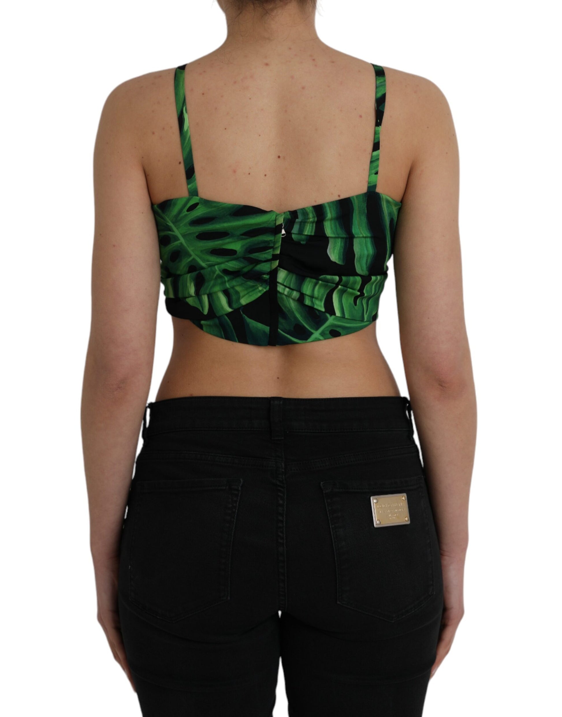 Dolce & Gabbana Black Green Leaf Silk Halter Cropped Top by Dolce & Gabbana