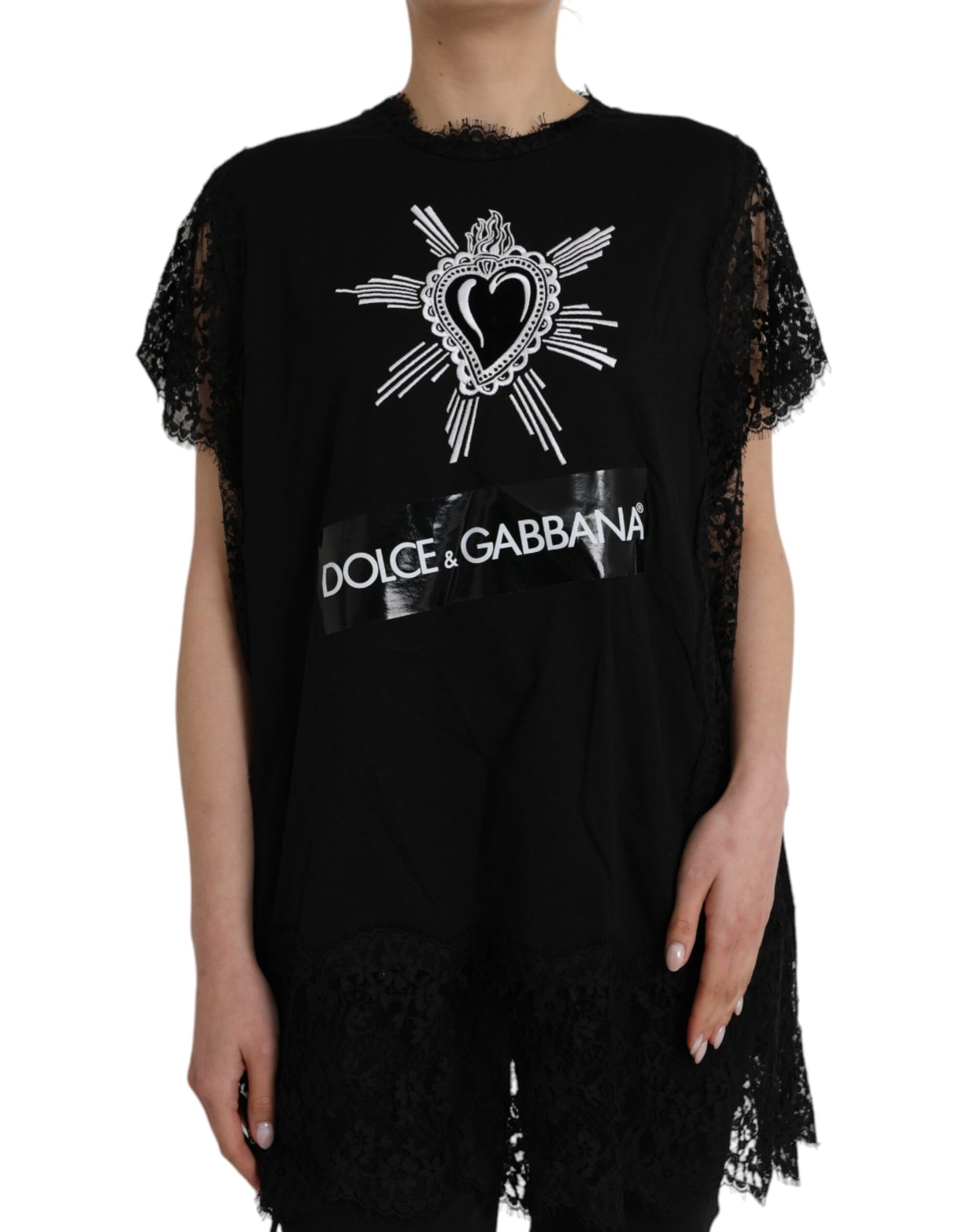 Dolce & Gabbana Black Sacred Heart Print Cotton Lace T-shirt by Dolce & Gabbana