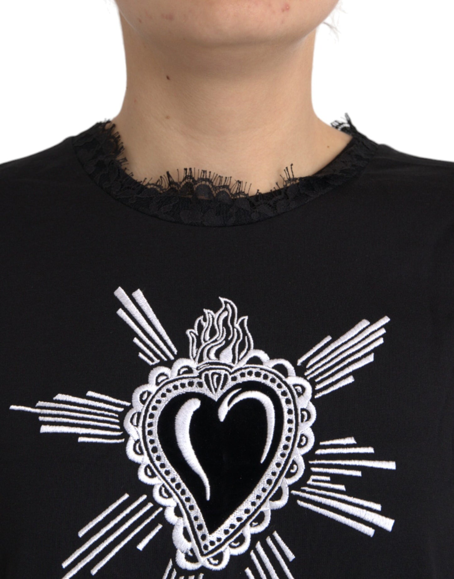 Dolce & Gabbana Black Sacred Heart Print Cotton Lace T-shirt by Dolce & Gabbana