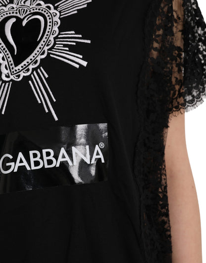 Dolce & Gabbana Black Sacred Heart Print Cotton Lace T-shirt by Dolce & Gabbana