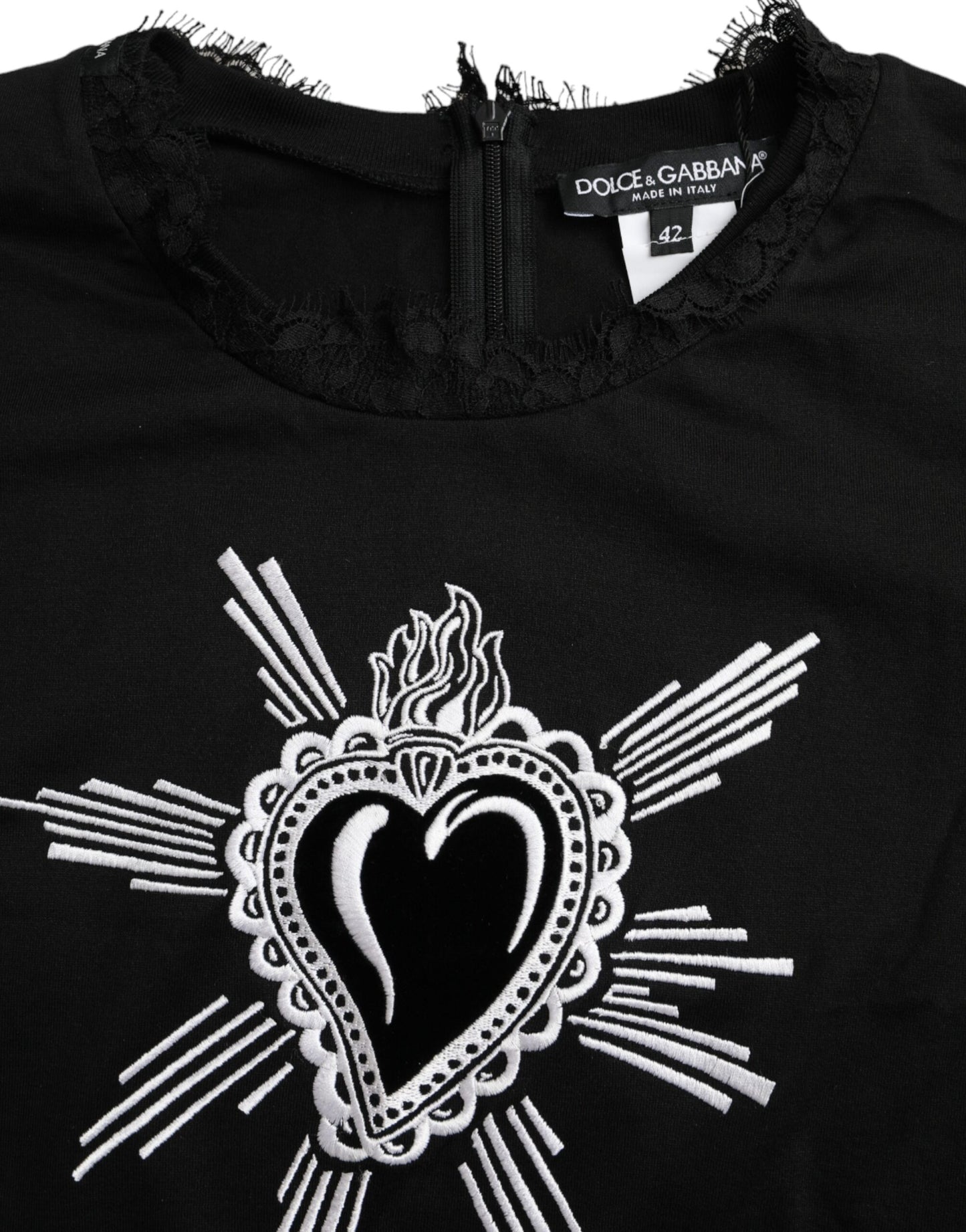 Dolce & Gabbana Black Sacred Heart Print Cotton Lace T-shirt by Dolce & Gabbana