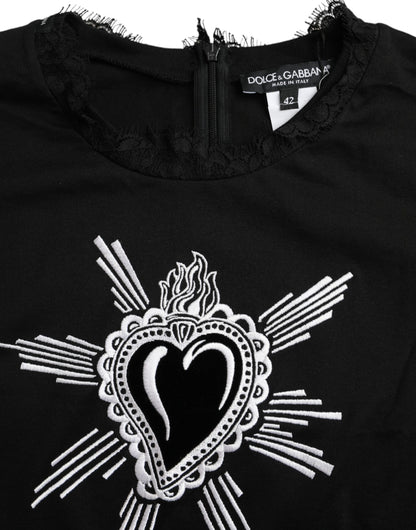 Dolce & Gabbana Black Sacred Heart Print Cotton Lace T-shirt by Dolce & Gabbana