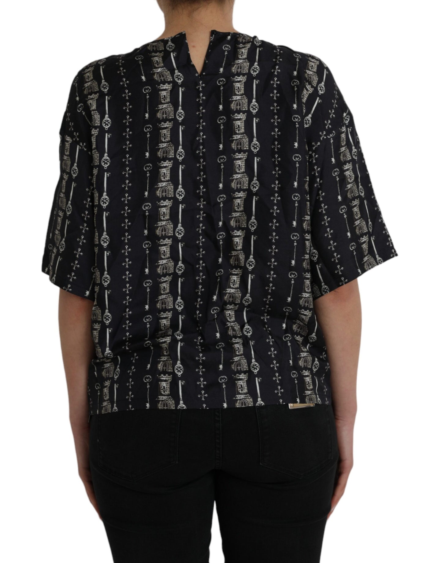 Dolce & Gabbana Black Key Castle Print Silk Blouse T-shirt by Dolce & Gabbana