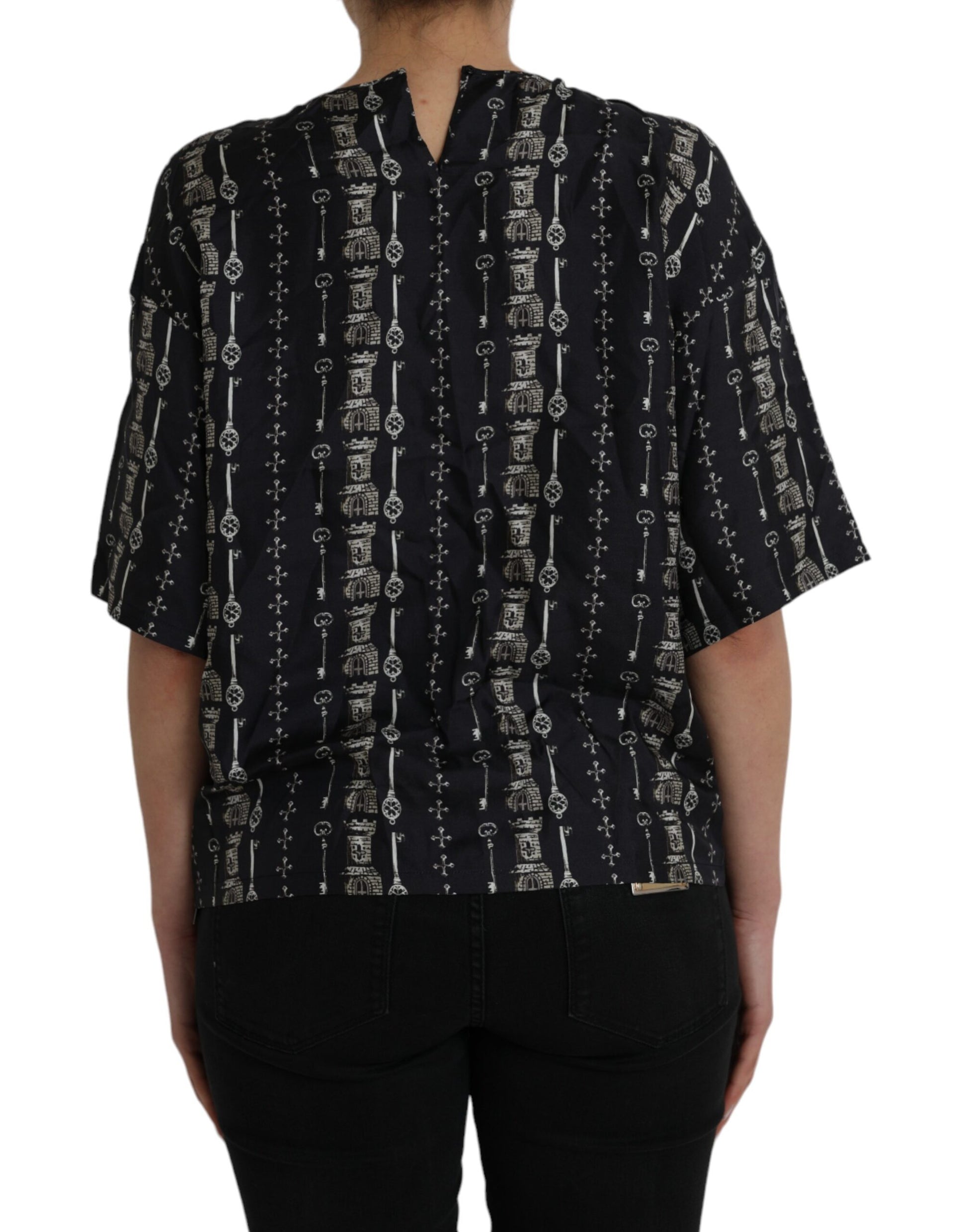 Dolce & Gabbana Black Key Castle Print Silk Blouse T-shirt by Dolce & Gabbana