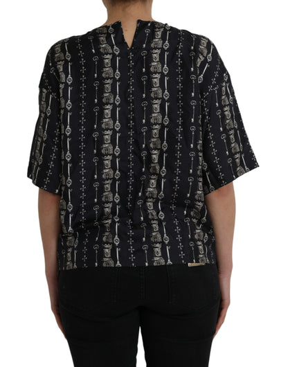 Dolce & Gabbana Black Key Castle Print Silk Blouse T-shirt by Dolce & Gabbana