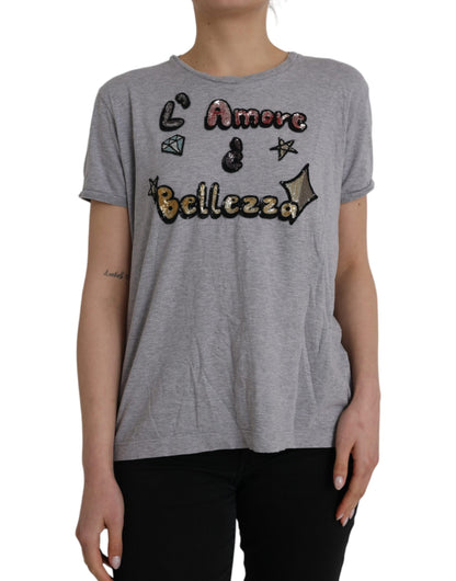 Dolce & Gabbana Gray Cotton L'Amore E'Bellezza Top T-shirt by Dolce & Gabbana