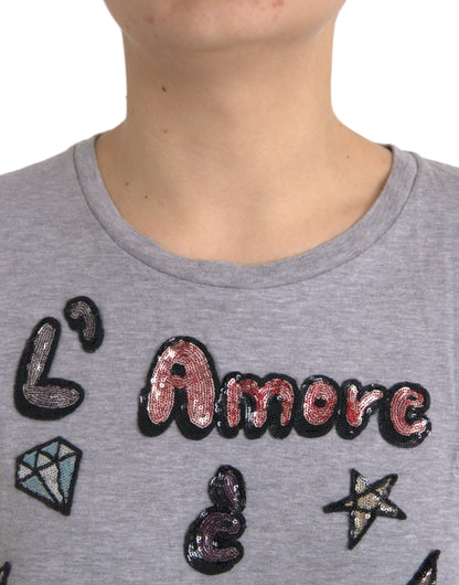 Dolce & Gabbana Gray Cotton L'Amore E'Bellezza Top T-shirt by Dolce & Gabbana