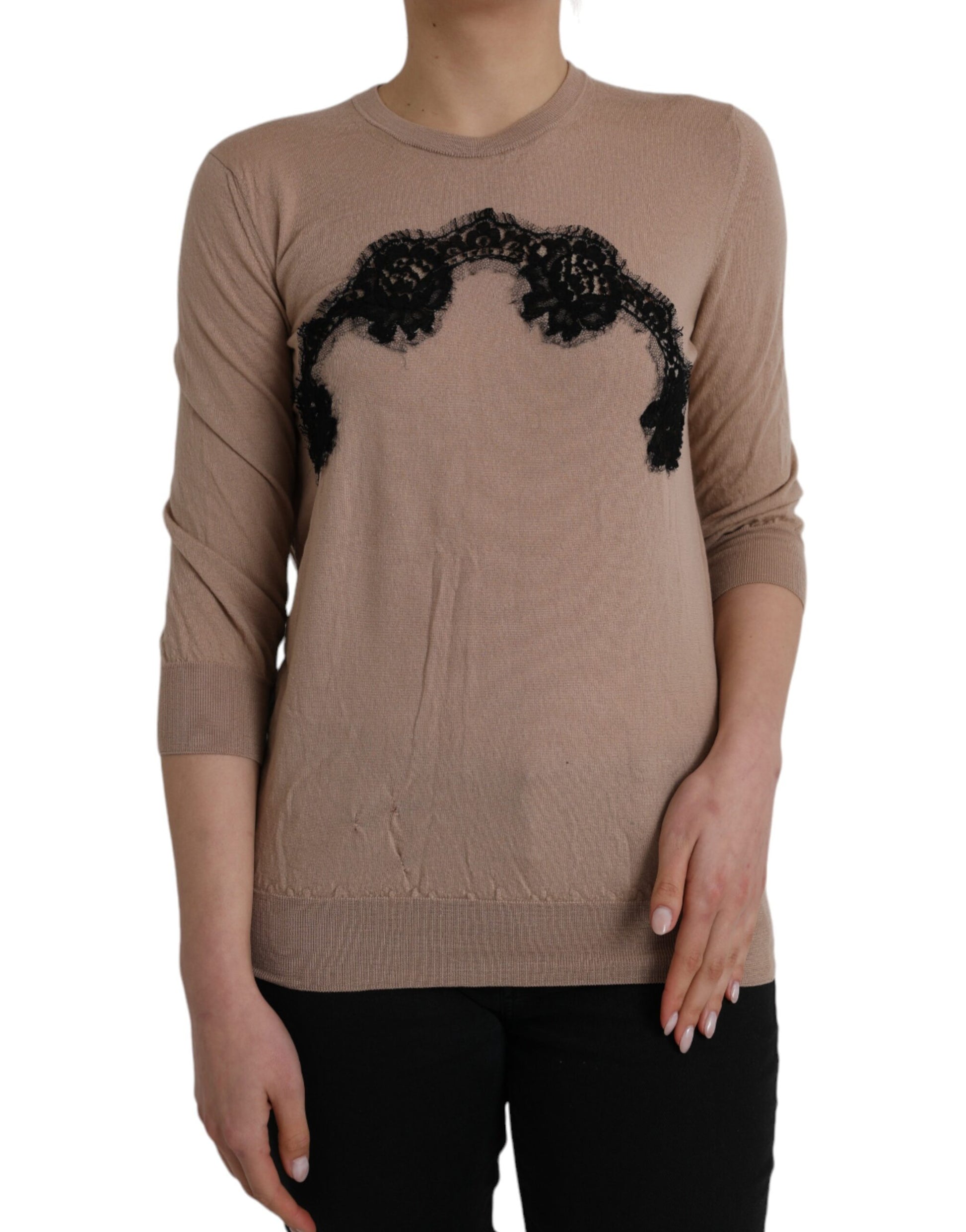 Dolce & Gabbana Brown Wool Black Lace 3/4 Sleeve Blouse Top by Dolce & Gabbana