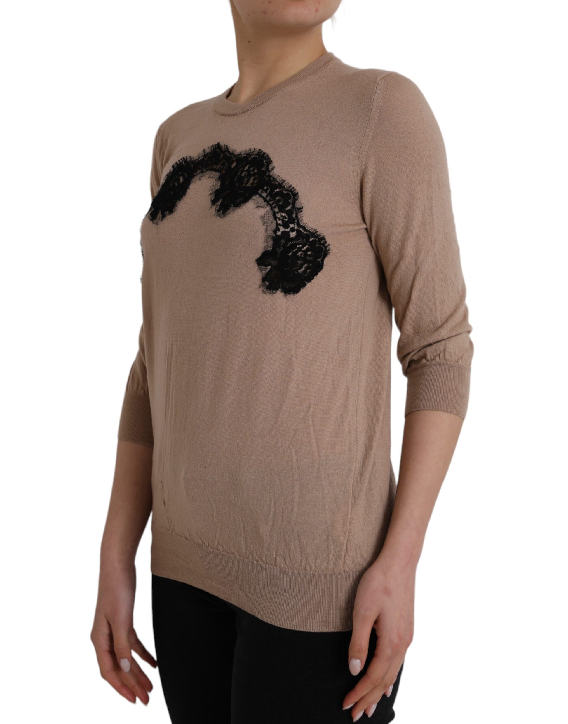 Dolce & Gabbana Brown Wool Black Lace 3/4 Sleeve Blouse Top by Dolce & Gabbana