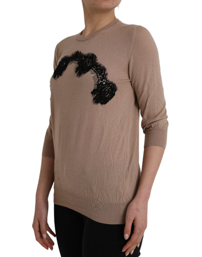 Dolce & Gabbana Brown Wool Black Lace 3/4 Sleeve Blouse Top by Dolce & Gabbana
