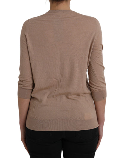 Dolce & Gabbana Brown Wool Black Lace 3/4 Sleeve Blouse Top by Dolce & Gabbana