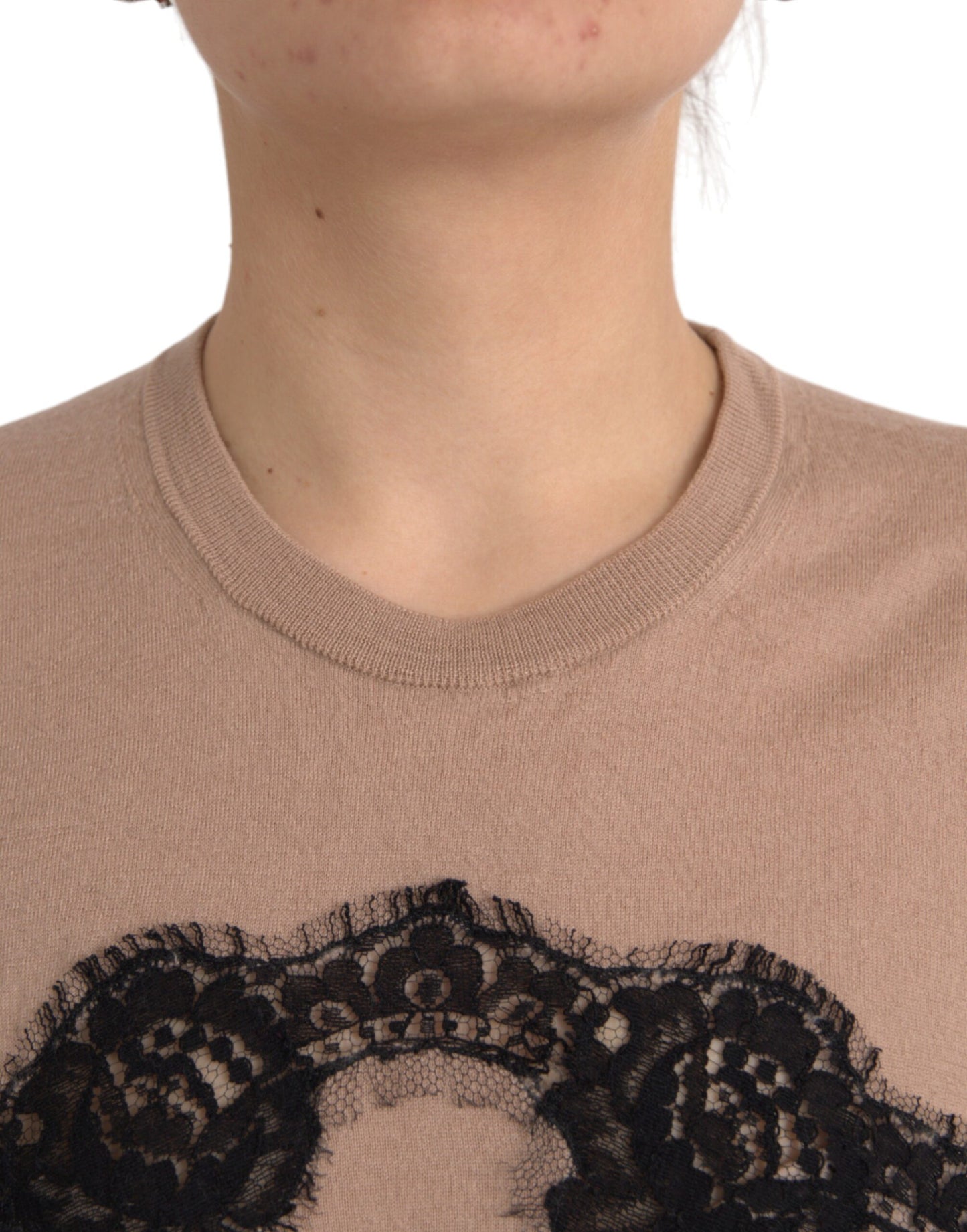 Dolce & Gabbana Brown Wool Black Lace 3/4 Sleeve Blouse Top by Dolce & Gabbana