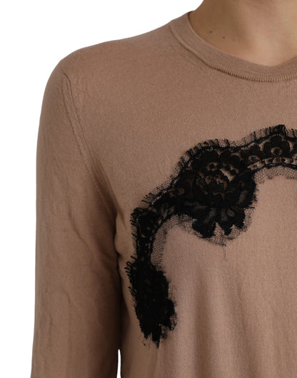 Dolce & Gabbana Brown Wool Black Lace 3/4 Sleeve Blouse Top by Dolce & Gabbana