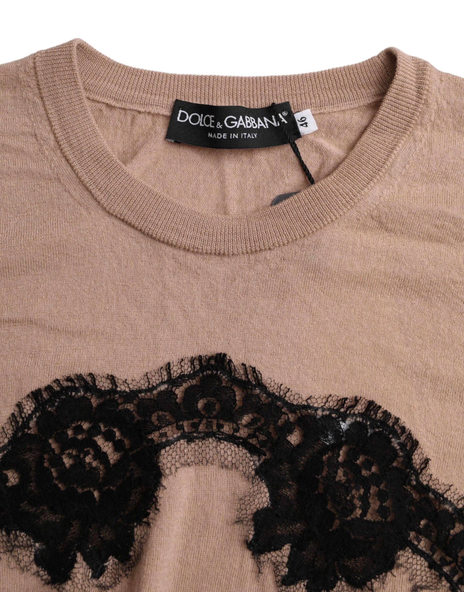 Dolce & Gabbana Brown Wool Black Lace 3/4 Sleeve Blouse Top by Dolce & Gabbana