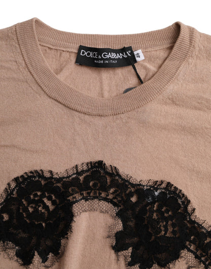 Dolce & Gabbana Brown Wool Black Lace 3/4 Sleeve Blouse Top by Dolce & Gabbana