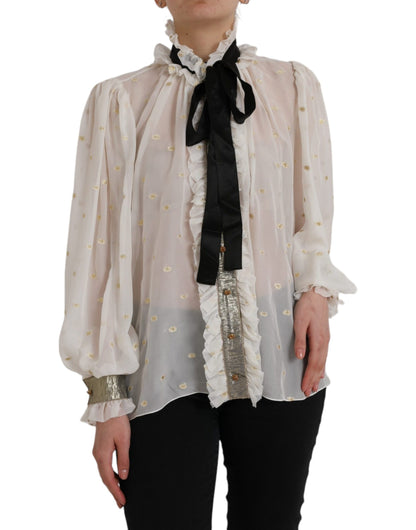 Dolce & Gabbana Off White Silk Blend Ascot Collar Blouse Top by Dolce & Gabbana