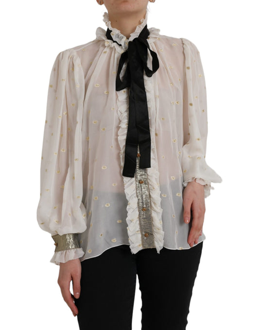 Dolce & Gabbana Off White Silk Blend Ascot Collar Blouse Top by Dolce & Gabbana