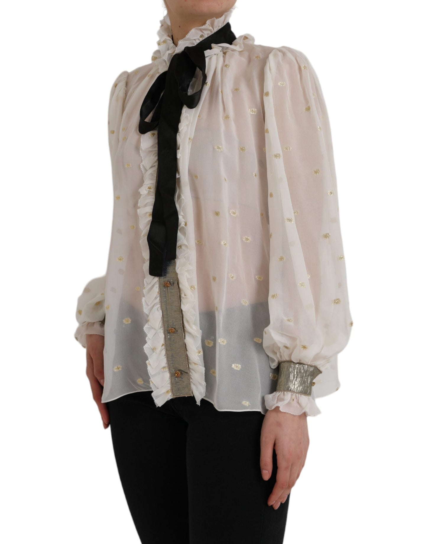 Dolce & Gabbana Off White Silk Blend Ascot Collar Blouse Top by Dolce & Gabbana