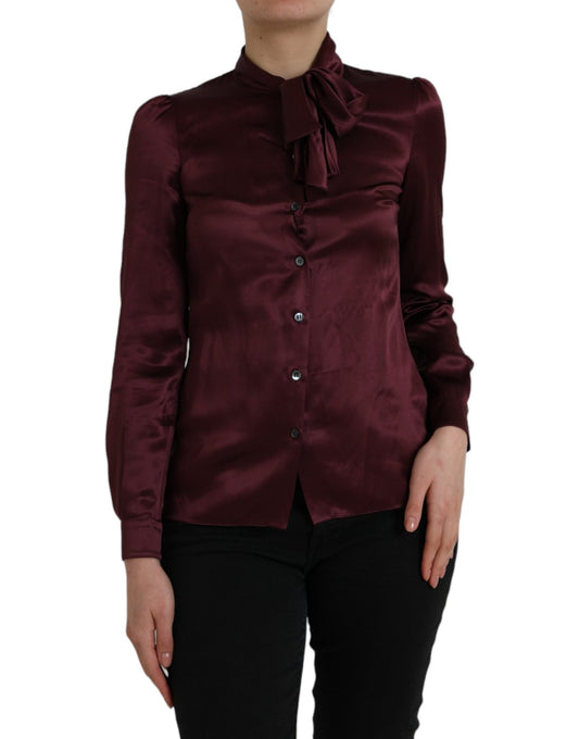 Dolce & Gabbana Maroon Ascot Collar Long Sleeve Top Blouse by Dolce & Gabbana