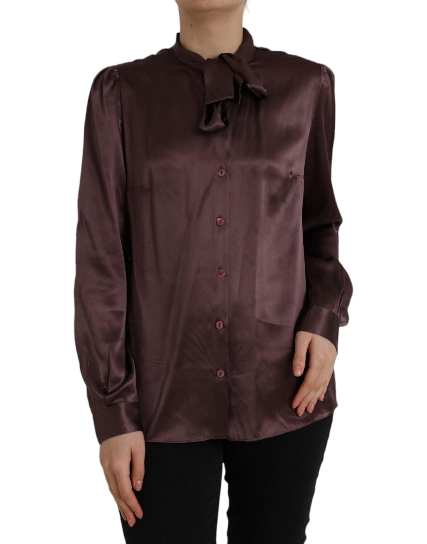 Dolce & Gabbana Brown Ascot Collar Long Sleeve Top Blouse by Dolce & Gabbana