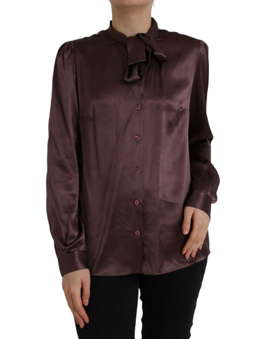 Dolce & Gabbana Brown Ascot Collar Long Sleeve Top Blouse by Dolce & Gabbana