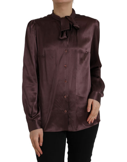 Dolce & Gabbana Brown Ascot Collar Long Sleeve Top Blouse by Dolce & Gabbana