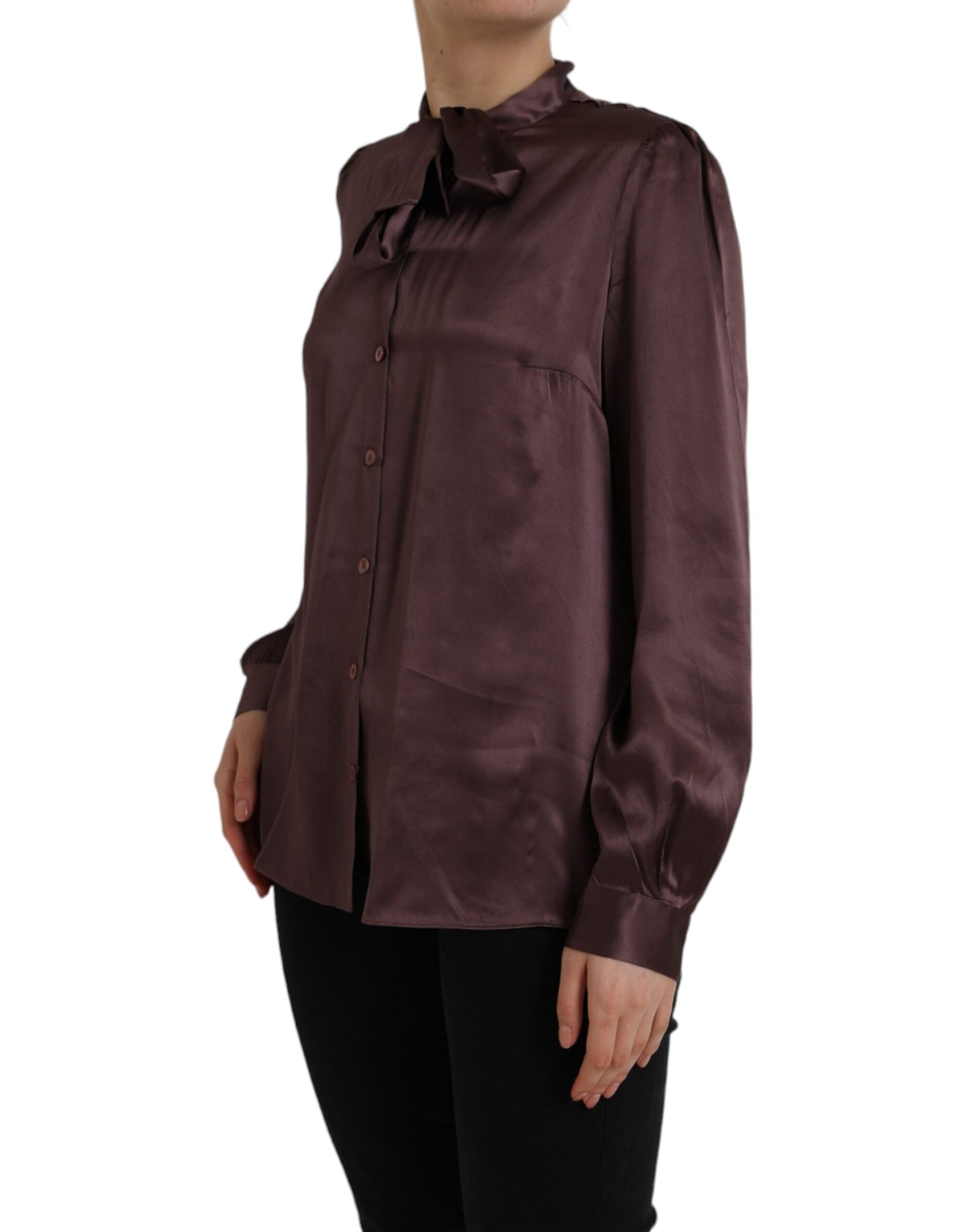 Dolce & Gabbana Brown Ascot Collar Long Sleeve Top Blouse by Dolce & Gabbana