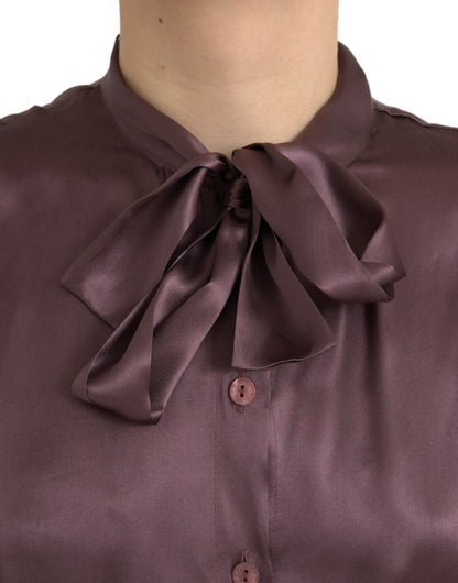Dolce & Gabbana Brown Ascot Collar Long Sleeve Top Blouse by Dolce & Gabbana