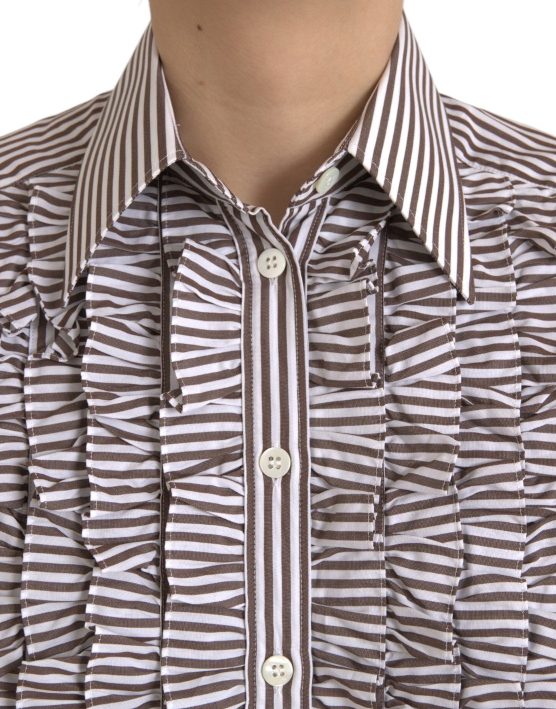 Dolce & Gabbana White Stripes Cotton Long Sleeves Ruffle Collar Top by Dolce & Gabbana