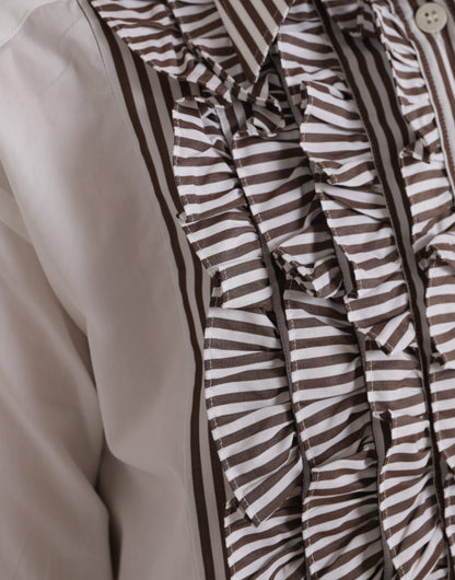 Dolce & Gabbana White Stripes Cotton Long Sleeves Ruffle Collar Top by Dolce & Gabbana