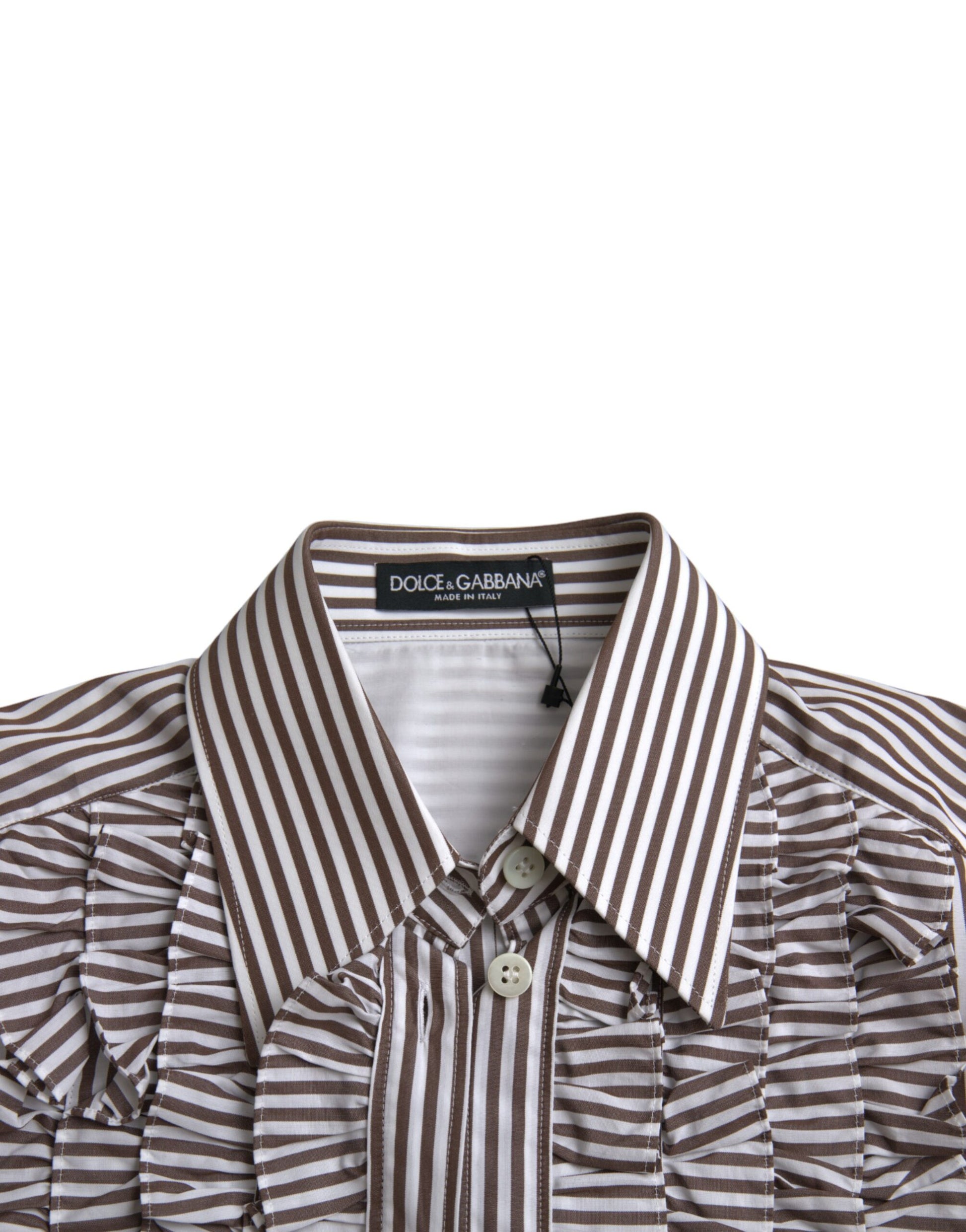 Dolce & Gabbana White Stripes Cotton Long Sleeves Ruffle Collar Top by Dolce & Gabbana