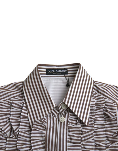 Dolce & Gabbana White Stripes Cotton Long Sleeves Ruffle Collar Top by Dolce & Gabbana