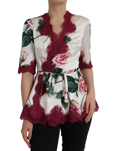 Dolce & Gabbana White Floral Lace Silk Short Sleeves Top by Dolce & Gabbana