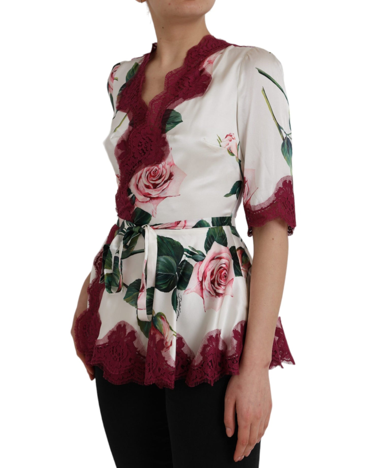 Dolce & Gabbana White Floral Lace Silk Short Sleeves Top by Dolce & Gabbana