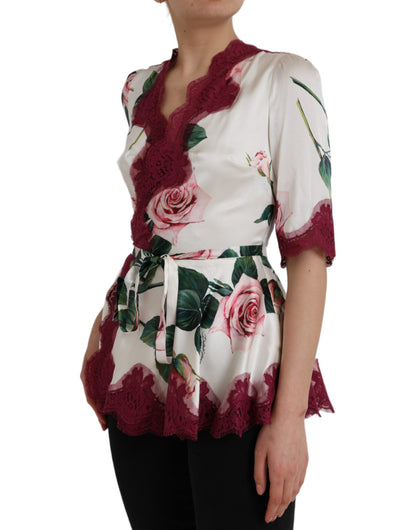 Dolce & Gabbana White Floral Lace Silk Short Sleeves Top by Dolce & Gabbana