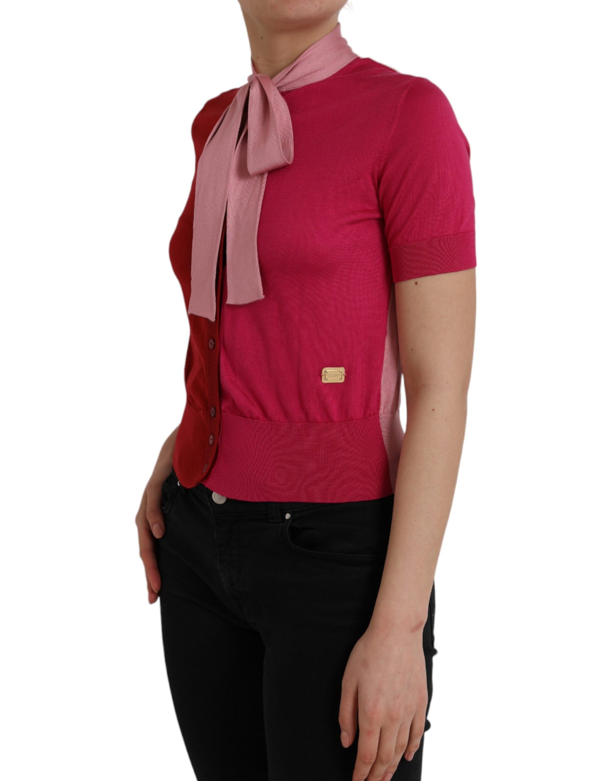 Dolce & Gabbana Pink Short Sleeves Pullover Ascot Collar Top by Dolce & Gabbana